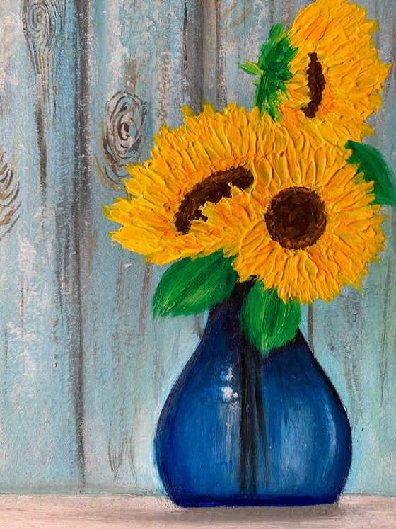 Sunflowers in blue vase ! Still life painting with sunflowers! A4 size Painting on paper