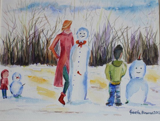 Snowman Competition, concept art, humor, fun, painting in watercolor