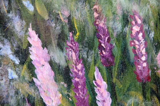 Mountains river pink purple flowers river oil landscape