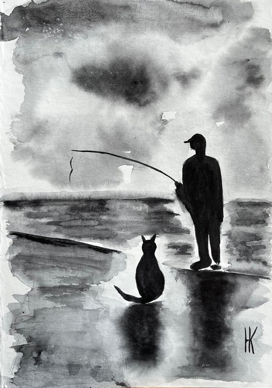 Fishing Painting Man Original Art Cat Watercolor Nautical Artwork Seascape Small Landscape Wall Art 8 by 12" by Halyna Kirichenko