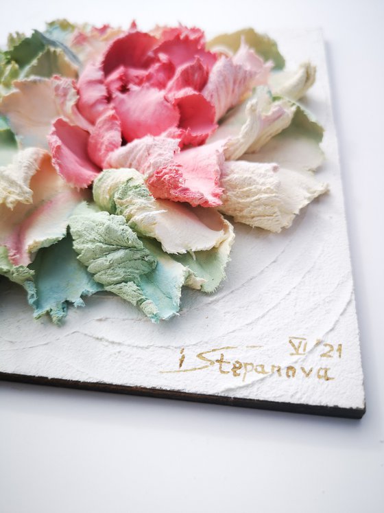 Light Peonies - 3d relief painting -Love is beautiful flowers, 20x20x4 cm
