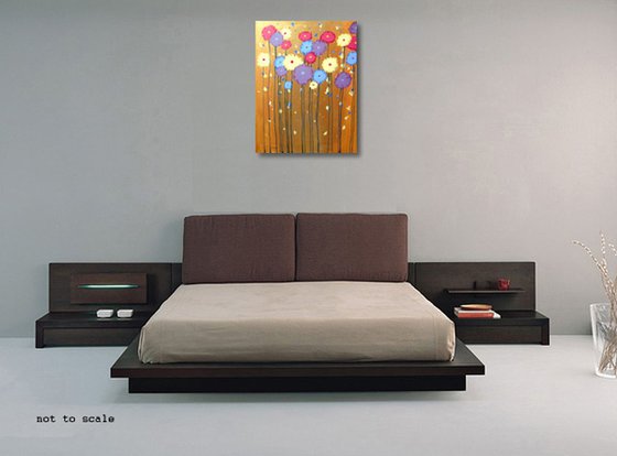 flower gold multi "Flowers on Gold" colour original abstract floral painting art canvas - 18 x 24 "