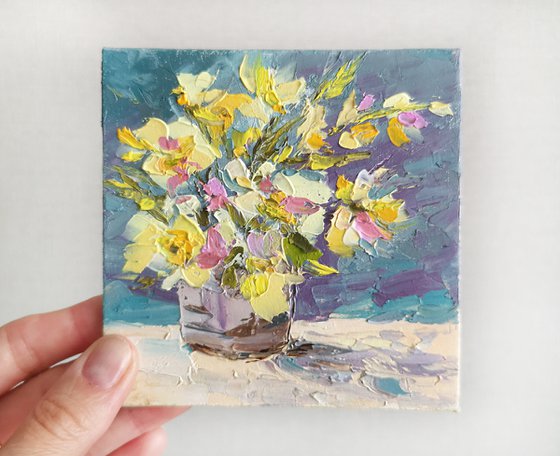 Bright flowers. Floral painting set of 4 small artworks