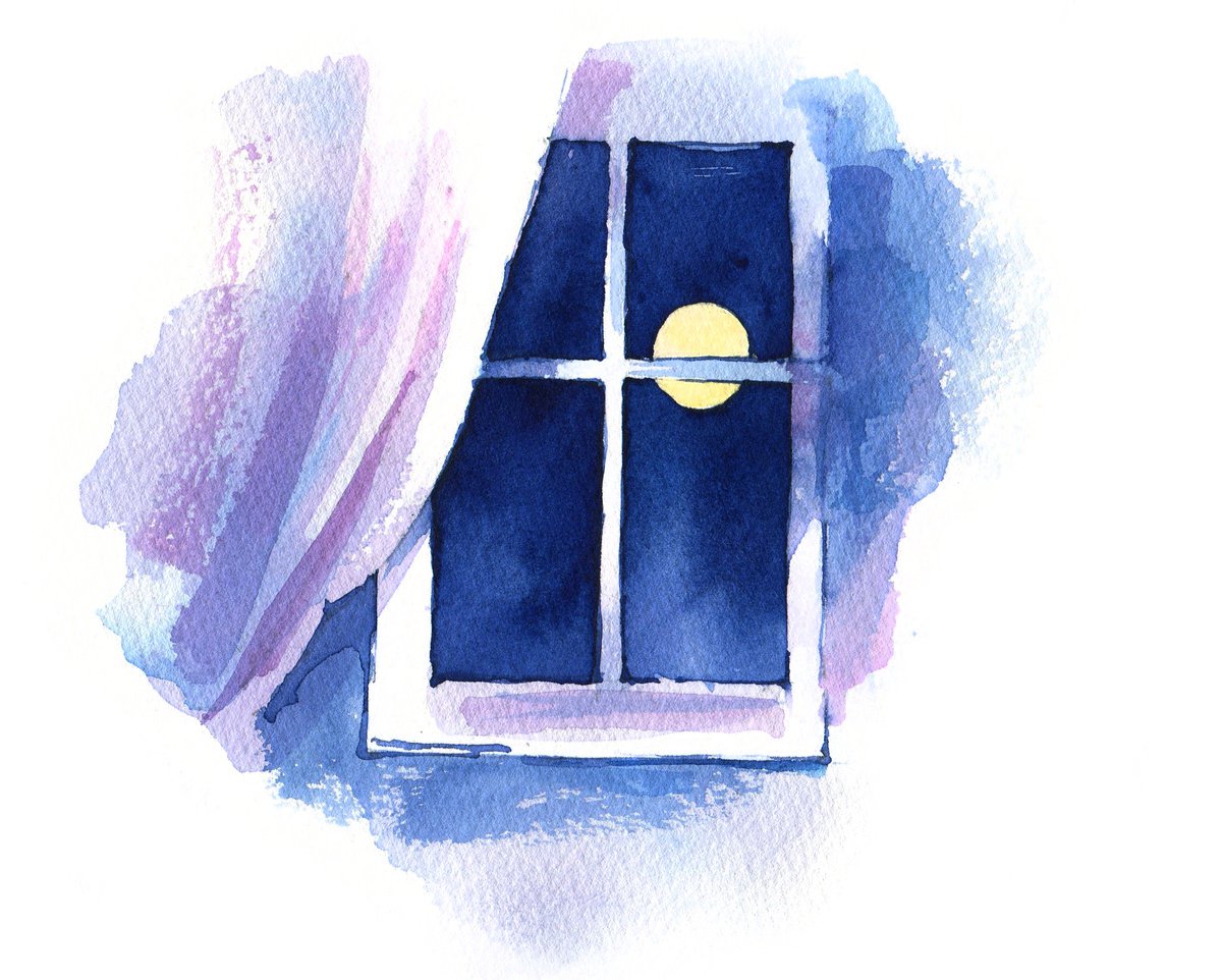 Night landscape Full moon outside the window original watercolor painting postcard by Ksenia Selianko