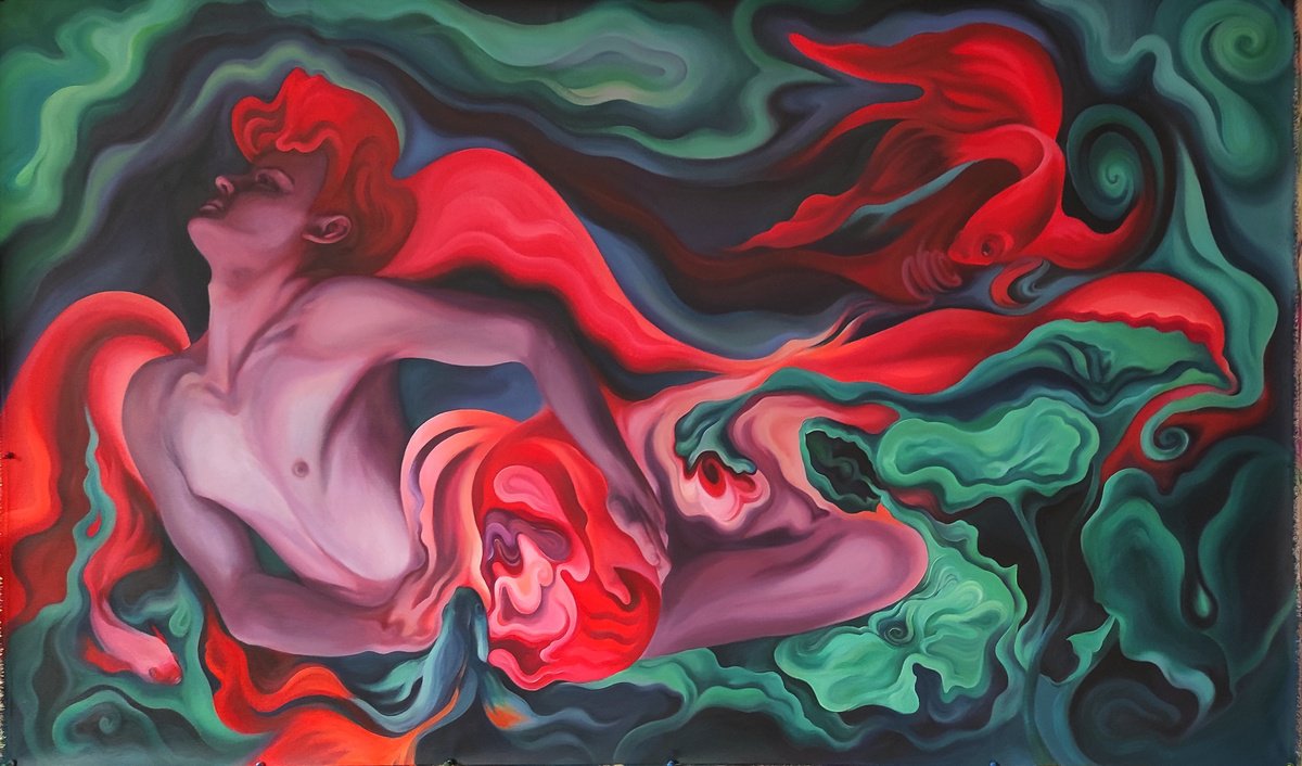 Expressive Portrait Acrylic Painting By Tetiana Borys, 65 X 39", The World Of The Ocean, Original Artwork