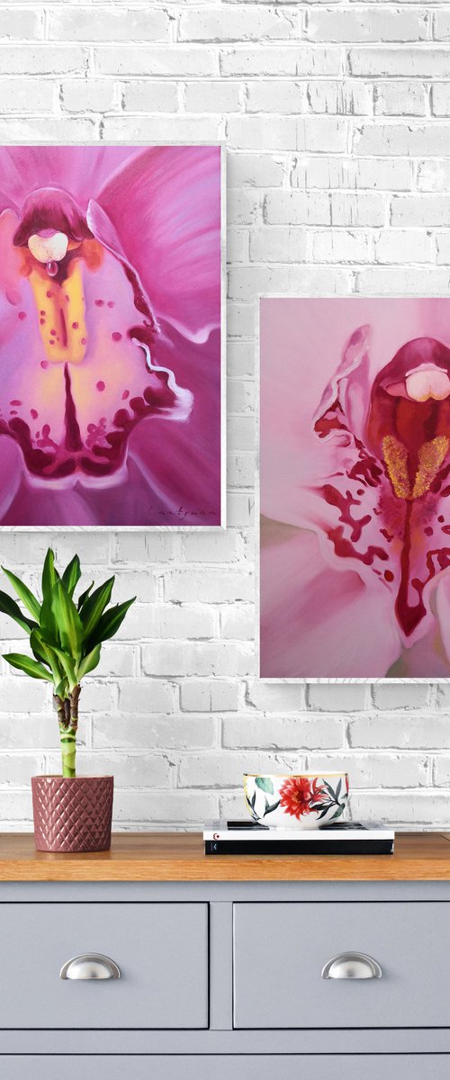 Dyptich of two Orchids -  flowers of femininity and passion by Jane Lantsman