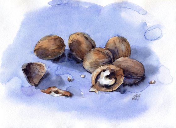 Watercolor still life of walnuts, Vegetarian art for kitchen