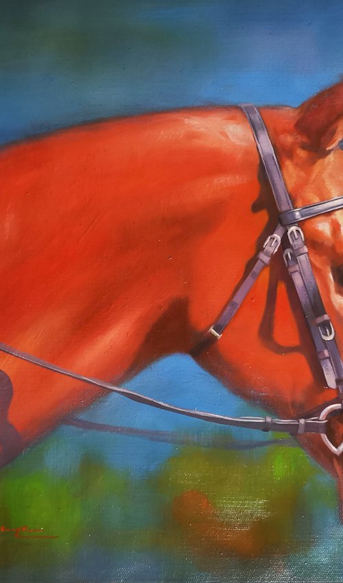 Oil painting animal artwork-Red horse by Hongtao Huang