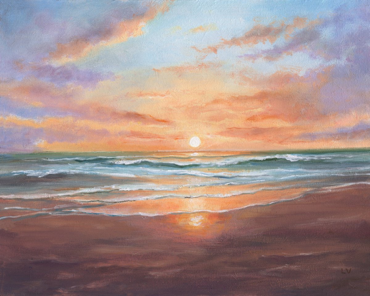 Impressionistic Landscape Oil Painting By Lucia Verdejo, 11 X 9", Peaceful Beach Sunset, Original Artwork
