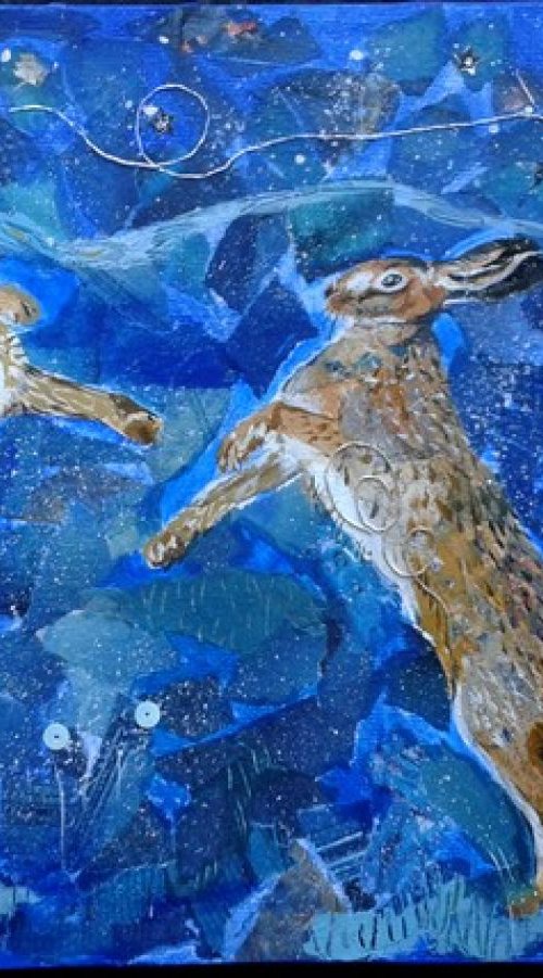 Hares dancing in the light of the moon by Fiona Plaisted