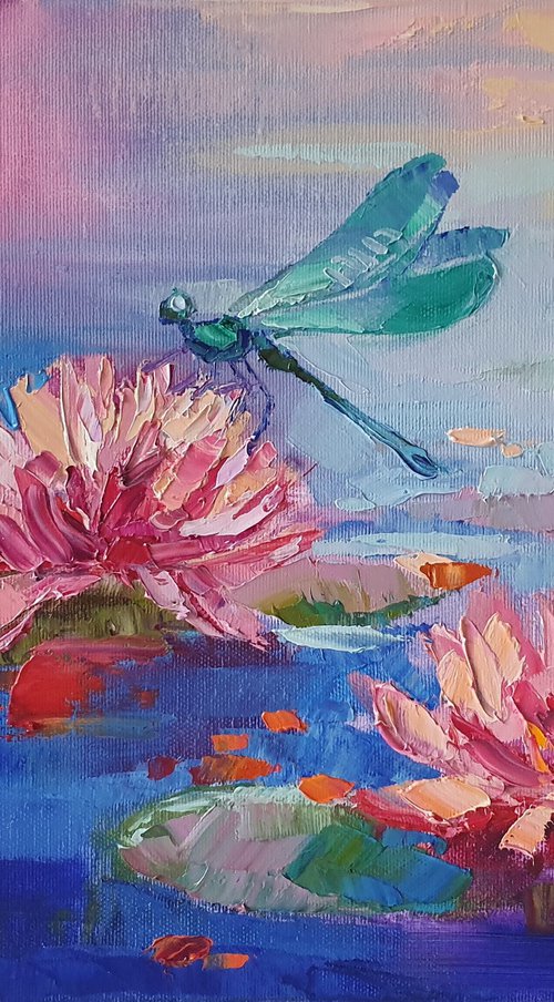 Lilies and dragonfly by Mary Voloshyna