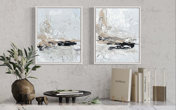 Hidden Light - 2 paintings- Black, Sand & White