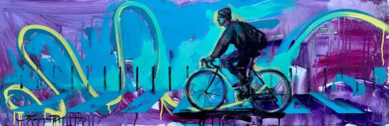 Purple horizontal painting - "Summer breeze" - Urban Art - Pop Art - Bicycle - Street Art