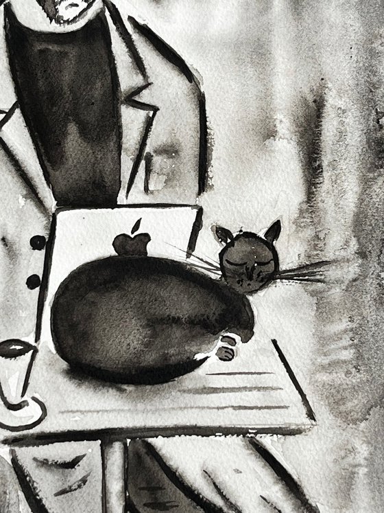 Man and Cat. Morning Coffee with the Best Friend. Original Watercolor Painting