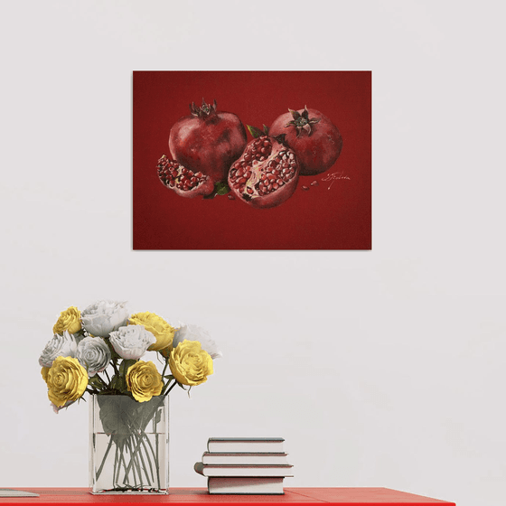 "POMEGRANATES ON A RED BACKGROUND "