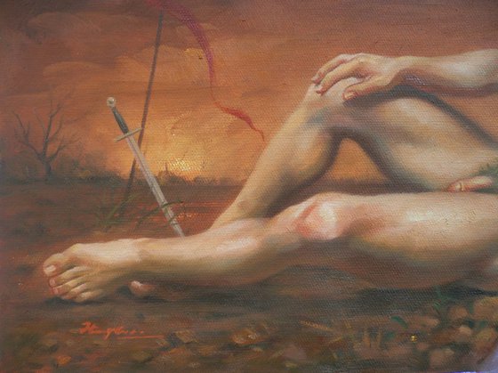 Oil painting male nude man and  sword #16-12-29