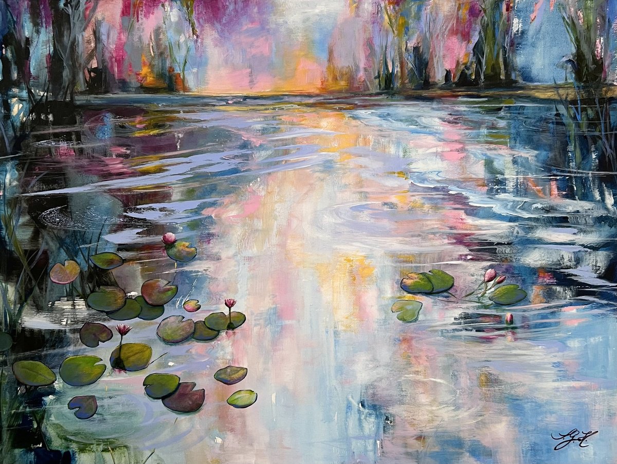 Impressionistic Botanical Acrylic Painting By Sandra Gebhardt-Hoepfner, 31 X 24", Sunshine On The Pond 7, Original Artwork
