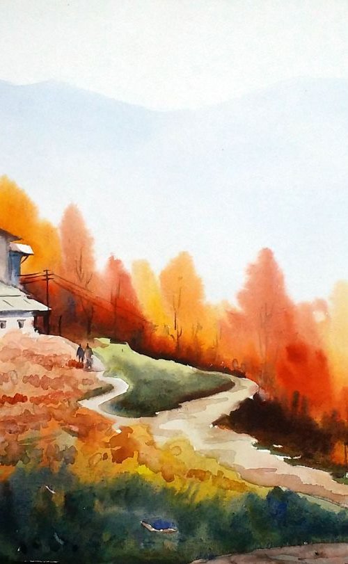 Beauty of Autumn Landscape - Watercolor on Paper by Samiran Sarkar