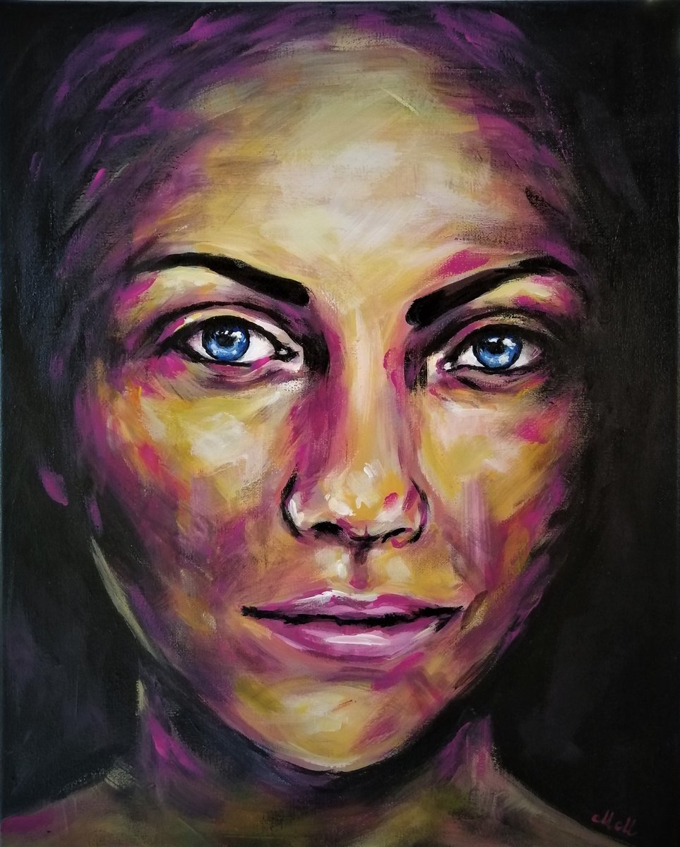 Expressive Portrait Acrylic Painting By Mateja Marinko, 16 X 20", Woman In The Dark, Original Artwork