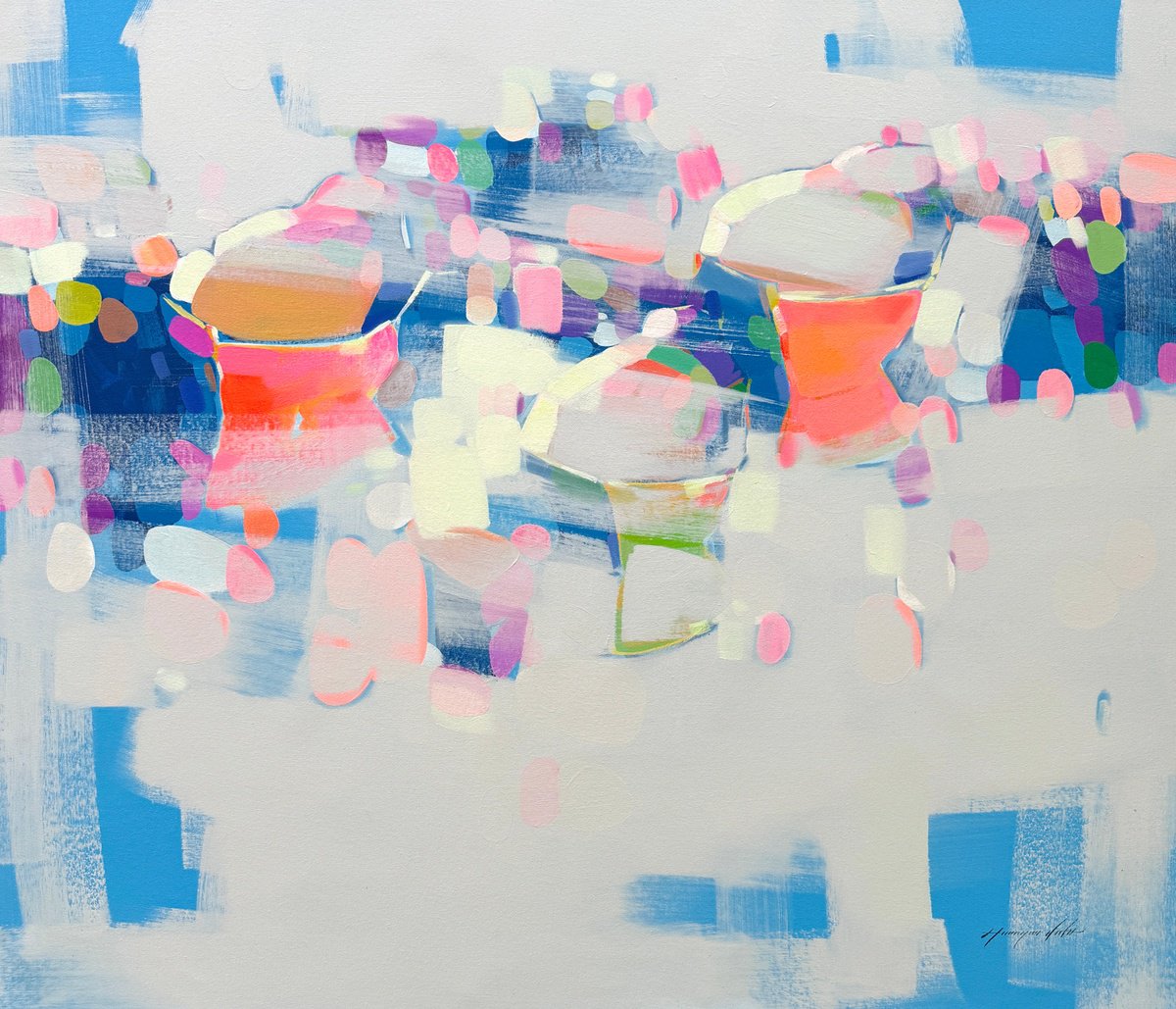 Impressionistic Landscape Oil Painting By Vahe Yeremyan, 43 X 36", Canoes, Original Artwork