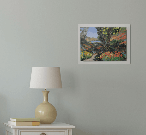 California poppies and oaks.