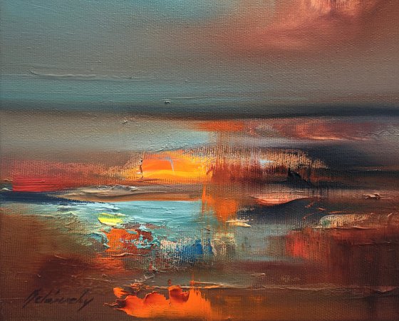 Longing for the Sun - 30 x 30 cm, abstract landscape painting in red and blue