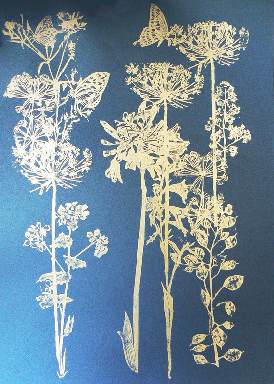 Flora and fauna in gold (#2) on black Russian cardstock