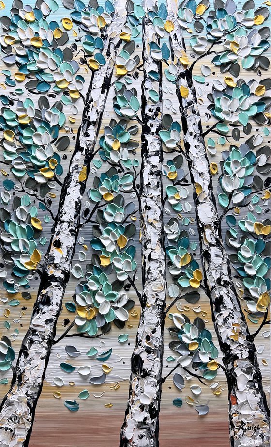 Winter Dream - 3D Textured Fall Gold Blue Birch Trees Landscape Painting on Canvas, Original Abstract Nature Textured Tree Painting - SIZE: 40 X 24 INCHES (100 X 60 CM)