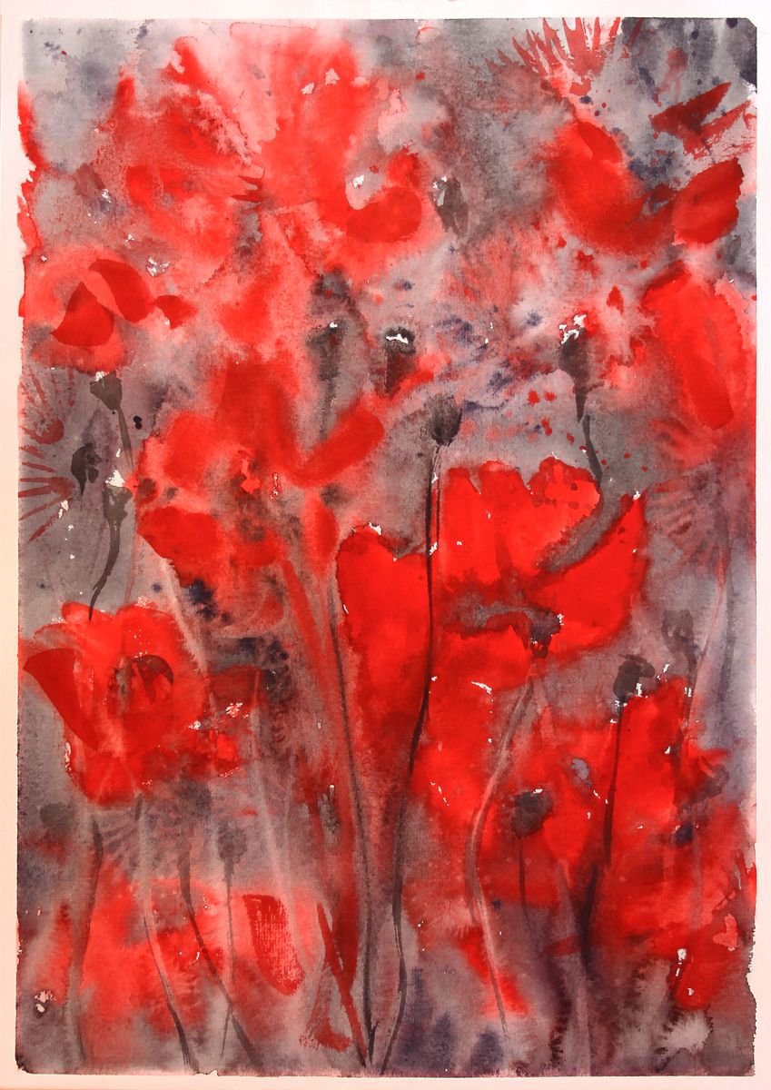 Expressive Watercolour , Red And Black. Poppies By Salana Art / Svetlana Samovarova, 12 X 17, Artwork For Sale On Artfinder