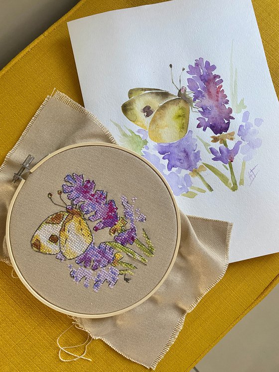 Cross stitch embroidery “Butterfly and lavender flowers” with hoop