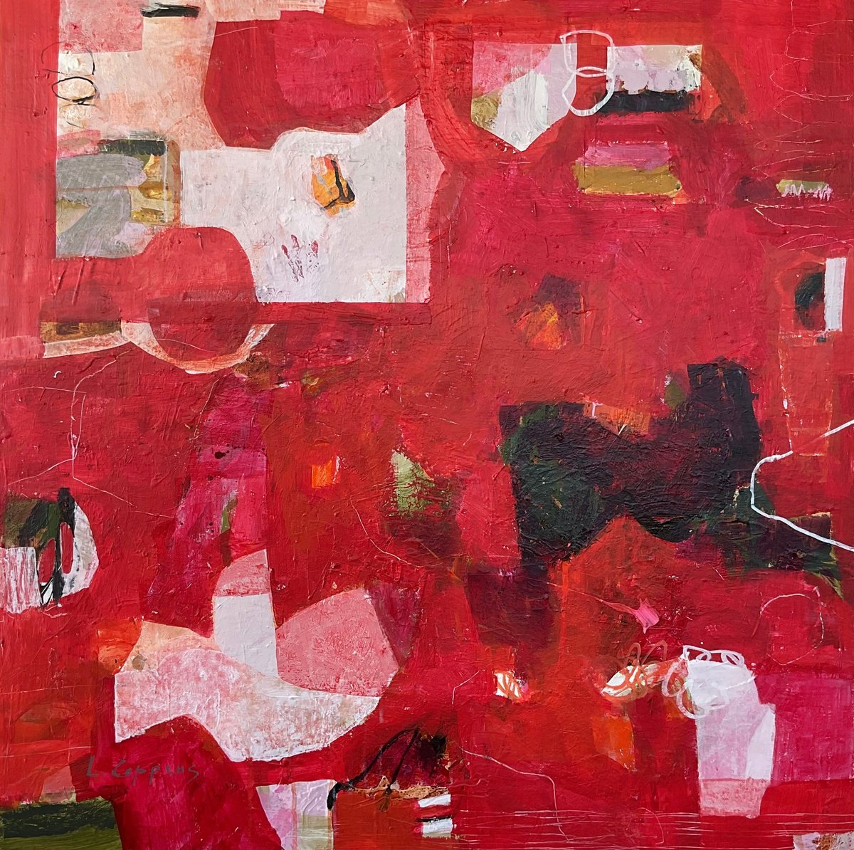 Abstract Acrylic Painting By Linda Coppens, 39 X 39", Crimson Echoes, Original Artwork