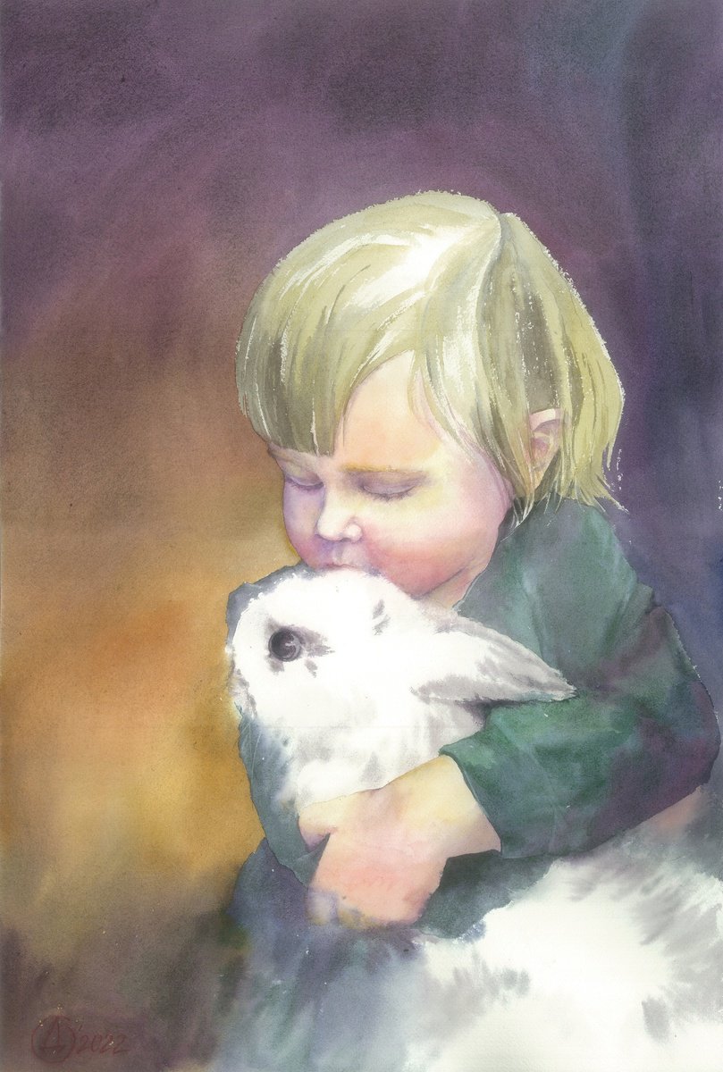 Impressionistic Portrait Watercolour By Oksana Duchenchuk, 15 X 22", Love Is Gentle, Original Artwork