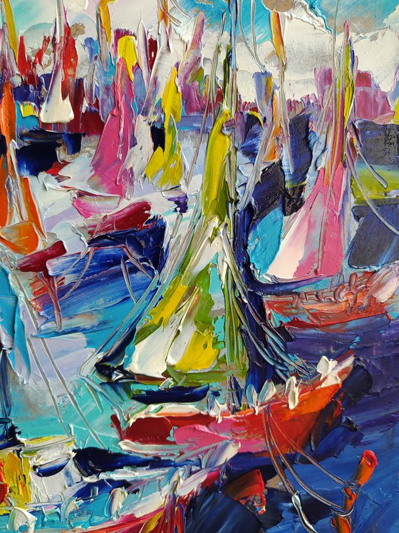 Expressive yachts - yacht, oil painting, yacht club, seascape, sea with yachts, yacht original painting, gift, impressionism, palette knife