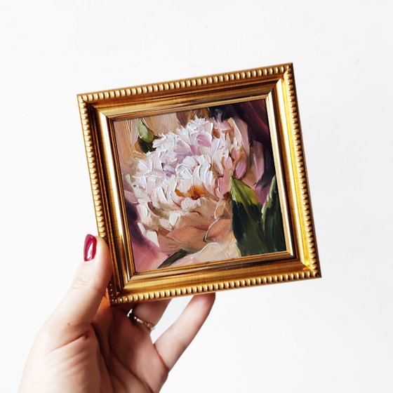 Peony oil painting framed Valentines gift for girlfriend, Small oil painting pink flowers miniature artwork, Unique peony wall art