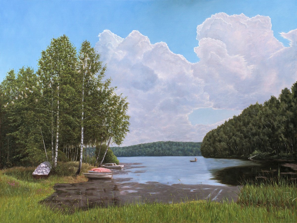 Photorealistic Landscape Oil Painting By Dejan Trajkovic, 47 X 35, The Lake, Original Artwork