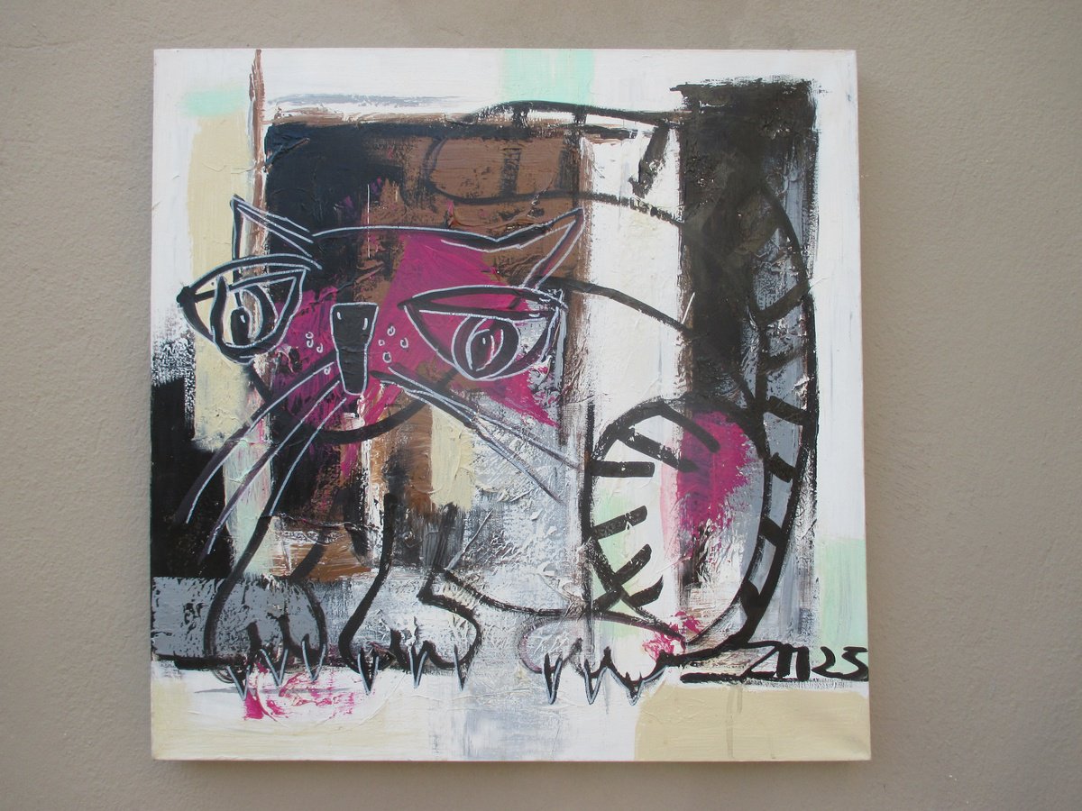 Expressive Animal Acrylic Painting By Sonja Zeltner-Muller, 28 X 28", Expressive Pink Cat, Original Artwork