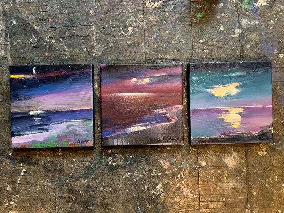 Triptych Small seascapes - "Red night" - Bright expressionism - Sea - Ocean