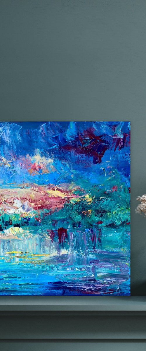 Sunset - Explosion of color, 50*60cm, abstract impressionistic landscape oil painting with a bit texture by Olga Blazhko