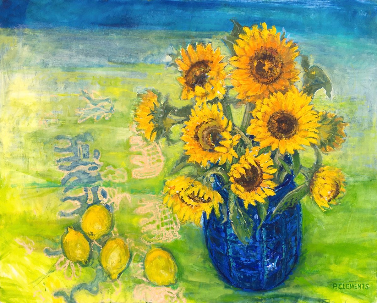 Impressionistic Botanical Oil Painting By Patricia Clements, 30 X 24", Sunflowers With African Cloth, Original Artwork