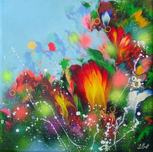 FLOWERS-2 /40 x 40 cm - (16 x 16”) Floral Abstract Painting by Irini Karpikioti