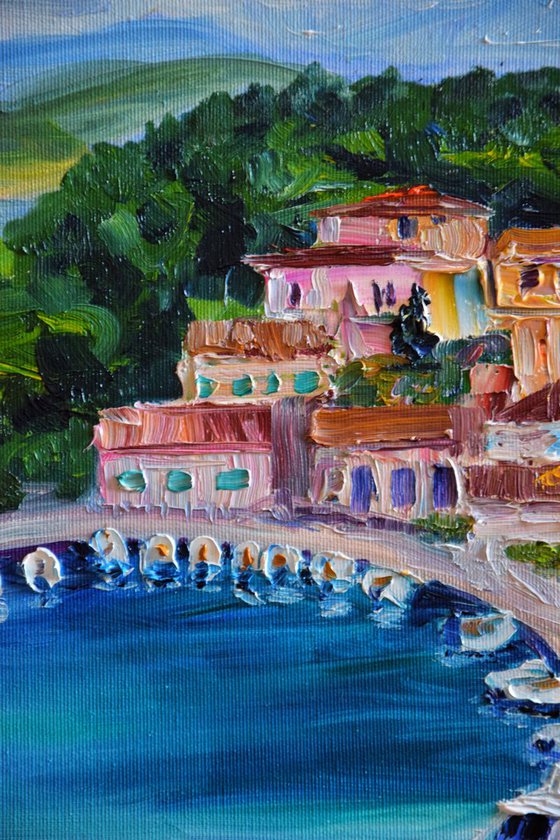 Ships seascape large oil painting on canvas, Greece panorama, coastal home decor