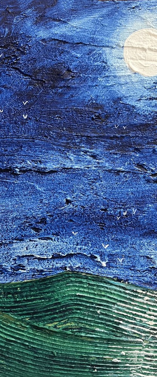 The Little Yacht on the open Sea in acrylic and mixed medium abstract landscape by Stuart Wright
