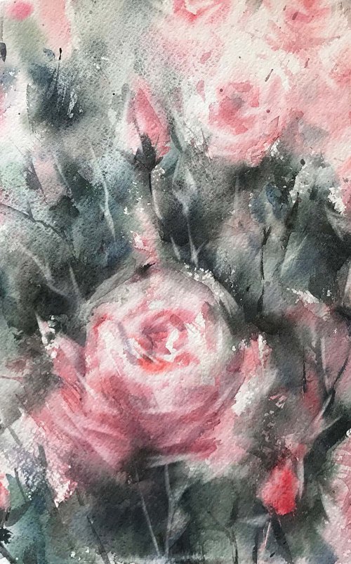 Pink roses.  one of a kind, original watercolor by Galina Poloz