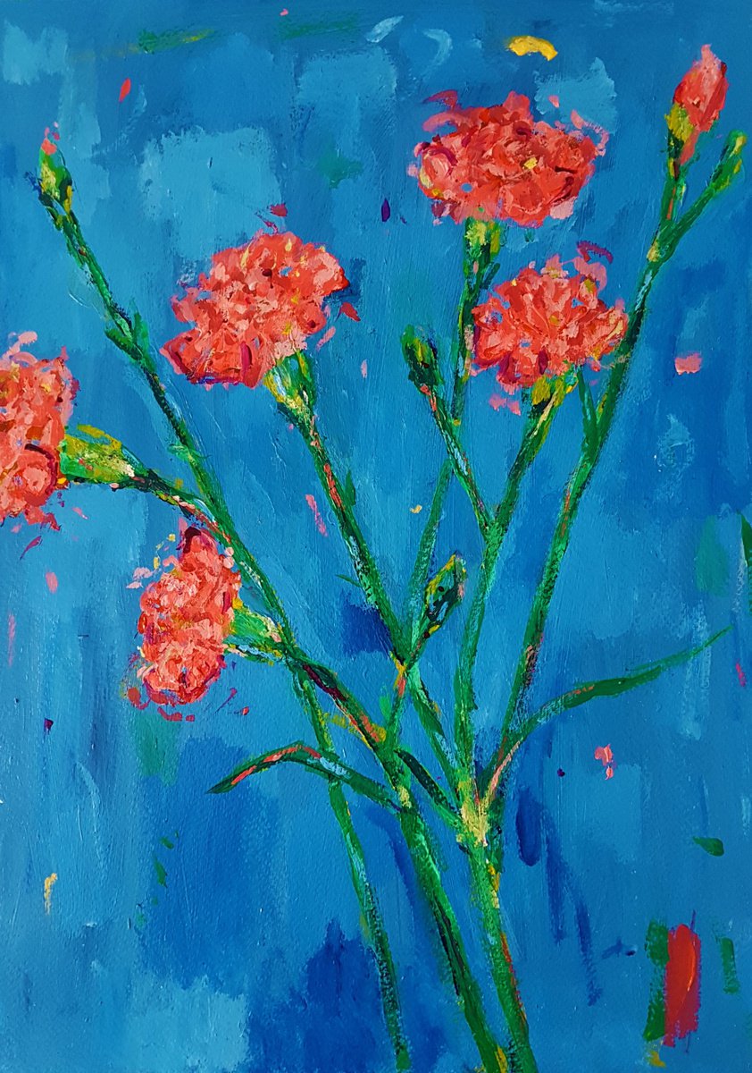 Impressionistic Botanical Acrylic Painting By Dawn Underwood, 12 X 17, Carnations, Original Artwork
