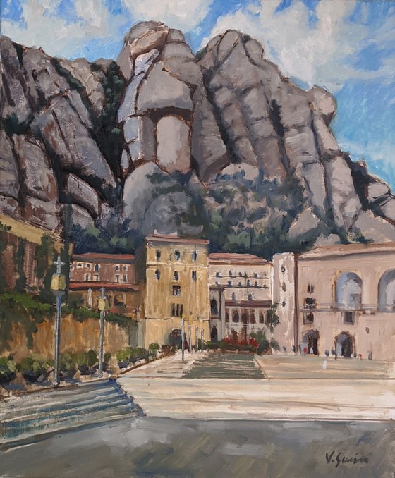 Vista del monestir de Montserrat i la roca del Sastre