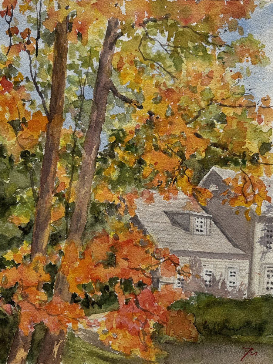 Impressionistic Landscape Watercolour By Shelly Du, 12 X 16", New Jersey Autumn Colour, Original Artwork
