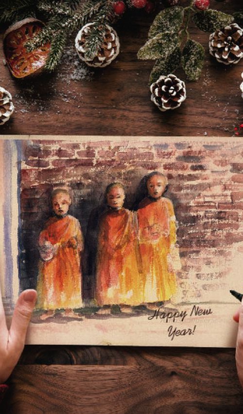 Three young monks 2 by Asha Shenoy