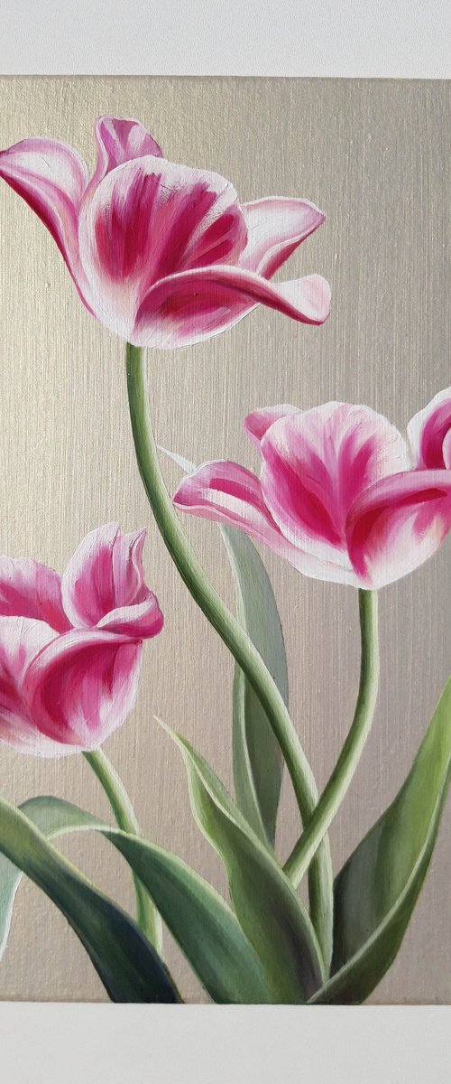 "Tulips", small floral painting, flowers art on pearl background by Anna Steshenko