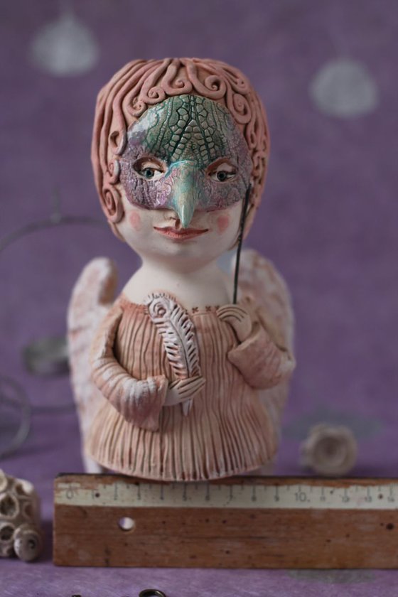 Angel with a mask. Ceramic OOAK sculpture.