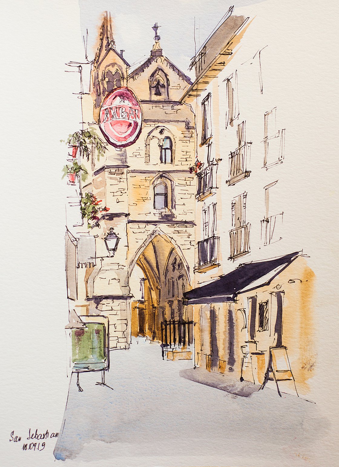 San Sebastian, Donostia. Live street sketch of the old town. URBAN  WATERCOLOR LANDSCAPE STUDY ARTWORK SMALL CITY LANDSCAPE SPAIN GIFT IDEA  INTERIOR street Watercolour by Sasha Romm